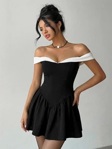 Aloruh Black & White Contrast Color Off Shoulder Bodycon Ruffle Hem Short Dress, Romantic For Date, Party, Valentine's Day - Black and White - View 4