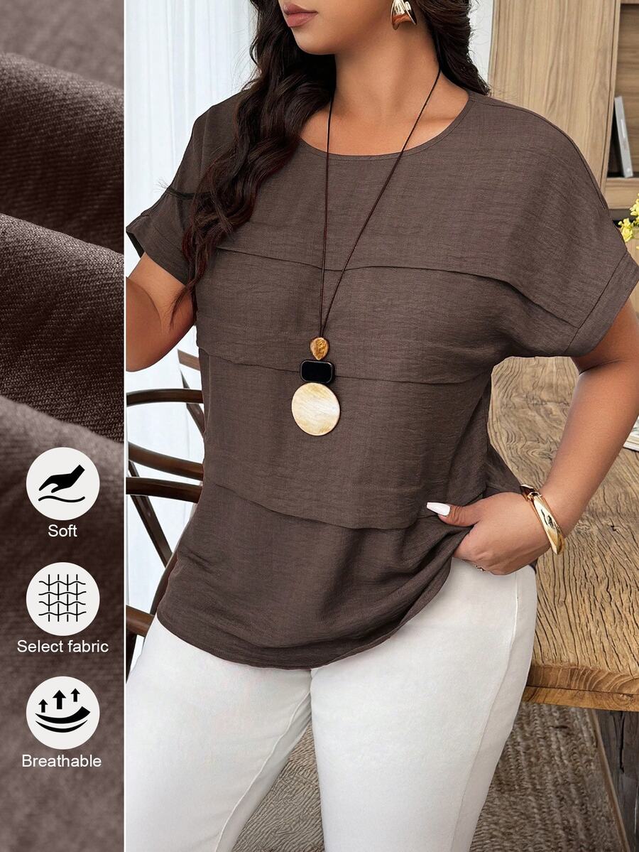 Weeklong Plus Size Women's Casual Pleated Round Neck Loose Dolman Sleeve Blouse, Suitable For Daily Wear And Vacation Chic - Chocolate Brown - View 1