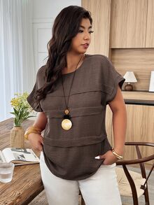 Weeklong Plus Size Women's Casual Pleated Round Neck Loose Dolman Sleeve Blouse, Suitable For Daily Wear And Vacation Chic - Chocolate Brown - View 4