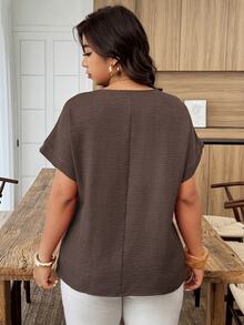 Weeklong Plus Size Women's Casual Pleated Round Neck Loose Dolman Sleeve Blouse, Suitable For Daily Wear And Vacation Chic - Chocolate Brown - View 2