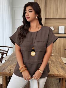 Weeklong Plus Size Women's Casual Pleated Round Neck Loose Dolman Sleeve Blouse, Suitable For Daily Wear And Vacation Chic - Chocolate Brown - View 5