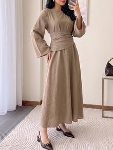 Solavon 女款時尚百搭極簡優雅端莊圓領長袖洋裝，適合日常、派對、早午餐、辦公室、日間穿著，灰褐色，秋季 - 卡其色 - 查看 10