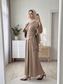 Solavon 女款時尚百搭極簡優雅端莊圓領長袖洋裝，適合日常、派對、早午餐、辦公室、日間穿著，灰褐色，秋季 - 卡其色 - 查看 4