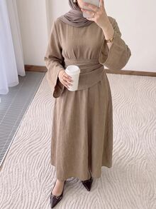 Solavon 女款時尚百搭極簡優雅端莊圓領長袖洋裝，適合日常、派對、早午餐、辦公室、日間穿著，灰褐色，秋季 - 卡其色 - 查看 9