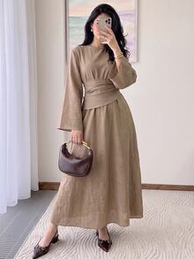 Solavon 女款時尚百搭極簡優雅端莊圓領長袖洋裝，適合日常、派對、早午餐、辦公室、日間穿著，灰褐色，秋季 - 卡其色 - 查看 7