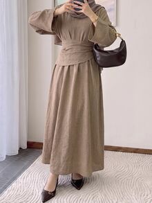 Solavon 女款時尚百搭極簡優雅端莊圓領長袖洋裝，適合日常、派對、早午餐、辦公室、日間穿著，灰褐色，秋季 - 卡其色 - 查看 12