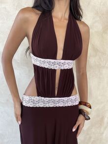 Aloruh Women's Spring/Summer Hot Pink Extra Long Lace Patchwork Sexy Deep V-Neck Dress, Vacation, Date Party Elegant - Maroon - View 6
