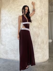 Aloruh Women's Spring/Summer Hot Pink Extra Long Lace Patchwork Sexy Deep V-Neck Dress, Vacation, Date Party Elegant - Maroon - View 5