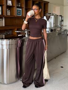 Muchica Women's Striped Patchwork Round Neck Short Sleeve T-Shirt And Wide Leg Pants Casual 2 Pieces Set - Coffee Brown - View 4