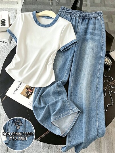 Resyla Women's 2-Piece Set, Casual Minimalist Style Outfit, Suitable For Daily Casual Wear, Women's Short Sleeve Top And Long Pants, Summer Women's Outfit, Latest Women's Top, Fashion Set