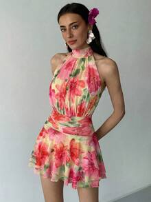 Aloruh Summer Sleeveless Mini Dress Tropical Floral Print,Pleated Ruffled Hem Open Back Boho Holiday Orange And Yellow And Wedding Beach Vacation - Multicolor - View 4