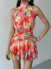 Aloruh Summer Sleeveless Mini Dress Tropical Floral Print,Pleated Ruffled Hem Open Back Boho Holiday Orange And Yellow And Wedding Beach Vacation - Multicolor - View 5
