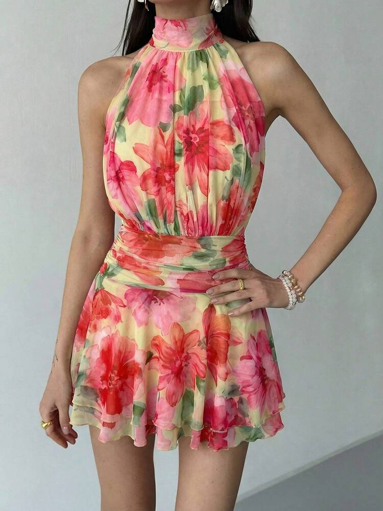 Aloruh Summer Sleeveless Mini Dress Tropical Floral Print,Pleated Ruffled Hem Open Back Boho Holiday Orange And Yellow And Wedding Beach Vacation - Multicolor - View 5