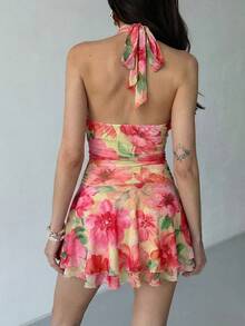 Aloruh Summer Sleeveless Mini Dress Tropical Floral Print,Pleated Ruffled Hem Open Back Boho Holiday Orange And Yellow And Wedding Beach Vacation - Multicolor - View 2