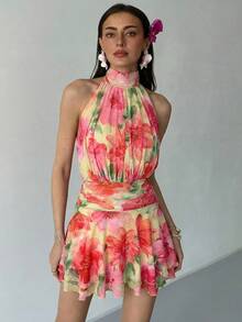 Aloruh Summer Sleeveless Mini Dress Tropical Floral Print,Pleated Ruffled Hem Open Back Boho Holiday Orange And Yellow And Wedding Beach Vacation - Multicolor - View 1