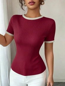 Elenzga Women's Contrast Trim Short Sleeve Round Neck Knit Textured T-Shirt - Burgundy - View 3