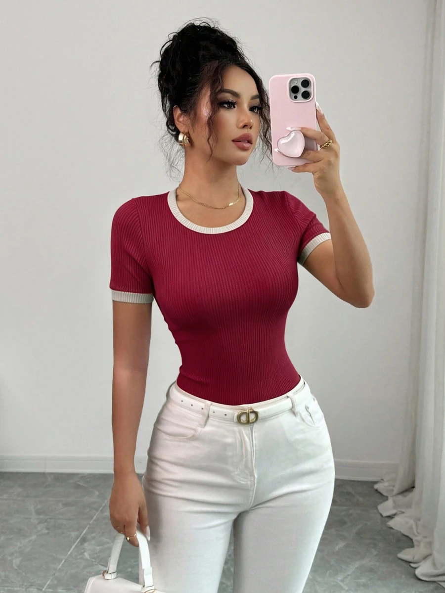 Elenzga Women's Contrast Trim Short Sleeve Round Neck Knit Textured T-Shirt - Burgundy - View 1