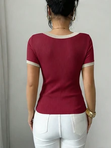 Elenzga Women's Contrast Trim Short Sleeve Round Neck Knit Textured T-Shirt - Burgundy - View 5