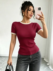 Elenzga Women's Contrast Trim Short Sleeve Round Neck Knit Textured T-Shirt - Burgundy - View 2