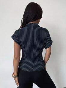 Firerie 夏季抓皺領不對稱袖側腰收腰顯瘦商務休閒優雅黑白條紋粗麻亞麻女款襯衫辦公室 - 藏蓝色 - 查看 3