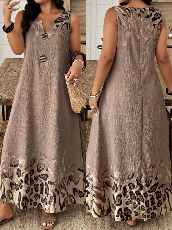 Weeklong Plus Size Women Brown V-Neck Sleeveless Printed Button Decor A-Line Dress,Summer Boho Vacation Holiday Long Dress,Suitable For Daily Wear Elegant