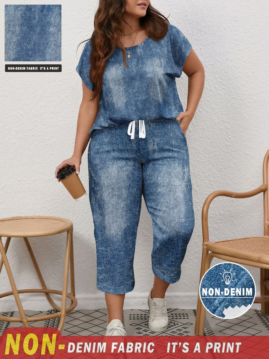 EMERY ROSE Plus Size Blue Textured Round Neck Short Sleeve Top And Slant Pocket Pants Casual 2 Pieces Set - Multicolor - View 1