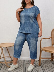 EMERY ROSE Plus Size Blue Textured Round Neck Short Sleeve Top And Slant Pocket Pants Casual 2 Pieces Set - Multicolor - View 3