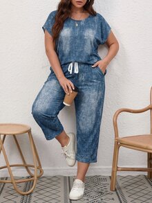 EMERY ROSE Plus Size Blue Textured Round Neck Short Sleeve Top And Slant Pocket Pants Casual 2 Pieces Set - Multicolor - View 4