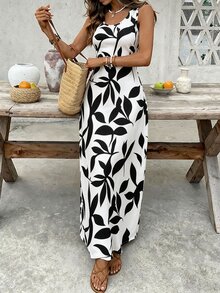 Breezaya 女款夏季海灘度假全印花無袖收腰洋裝，附實用口袋設計，時尚白色熱帶波希米亞風 - 黑與白 - 查看 5