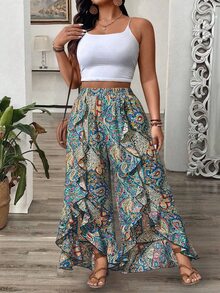 Breezaya Plus Size Women's Blue Boho Summer Beach Holiday Geometric Print Loose Pants,Ruffle Hem Elastic Waist Casual Vacation Trousers For Daily Wear Fall - Multicolor - View 9