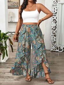 Breezaya Plus Size Women's Blue Boho Summer Beach Holiday Geometric Print Loose Pants,Ruffle Hem Elastic Waist Casual Vacation Trousers For Daily Wear Fall - Multicolor - View 4