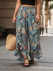 Breezaya Plus Size Women's Blue Boho Summer Beach Holiday Geometric Print Loose Pants,Ruffle Hem Elastic Waist Casual Vacation Trousers For Daily Wear Fall - Multicolor - View 8