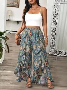 Breezaya Plus Size Women's Blue Boho Summer Beach Holiday Geometric Print Loose Pants,Ruffle Hem Elastic Waist Casual Vacation Trousers For Daily Wear Fall - Multicolor - View 6