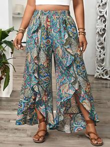 Breezaya Plus Size Women's Blue Boho Summer Beach Holiday Geometric Print Loose Pants,Ruffle Hem Elastic Waist Casual Vacation Trousers For Daily Wear Fall - Multicolor - View 7