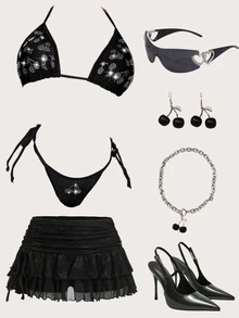 SHEIN ICON Women's Halter Neck Rhinestone Embellished Bikini Top, For Summer Beach Vacation - Black - View 10
