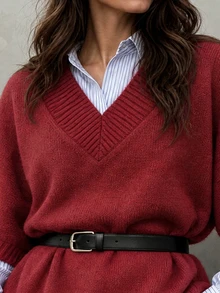LUMIGAL Women's V-Neck Ribbed Trim Shoulder-Connected Loose Short Sleeve Ribbed Hem Sweater - Red - View 4