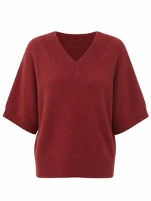 LUMIGAL Women's V-Neck Ribbed Trim Shoulder-Connected Loose Short Sleeve Ribbed Hem Sweater - Red - View 5