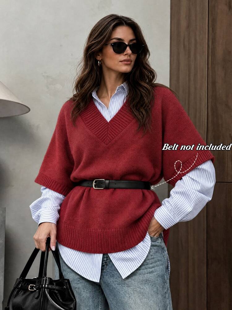 LUMIGAL Women's V-Neck Ribbed Trim Shoulder-Connected Loose Short Sleeve Ribbed Hem Sweater - Red - View 6