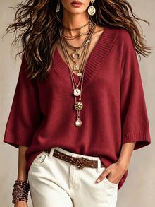 LUMIGAL Women's V-Neck Ribbed Trim Shoulder-Connected Loose Short Sleeve Ribbed Hem Sweater - Red - View 1