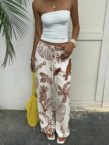 Aloruh 2026春夏棕色印花长裤：完美适用于毕业季、春夏时尚、休闲穿着、通勤、度假、浪漫约会、日常穿着、简约风格、百搭造型和旅行——女裤 - 鏽棕色 - 查看 6