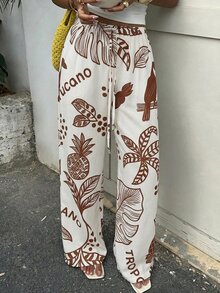 Aloruh 2026春夏棕色印花长裤：完美适用于毕业季、春夏时尚、休闲穿着、通勤、度假、浪漫约会、日常穿着、简约风格、百搭造型和旅行——女裤 - 鏽棕色 - 查看 4