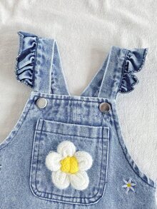 SHEIN Vintaside Kids 1件女嬰藍色牛仔休閒可愛刺繡花卉吊帶褲，適合外出、夏季度假與秋季穿著 - 藍色 - 查看 6