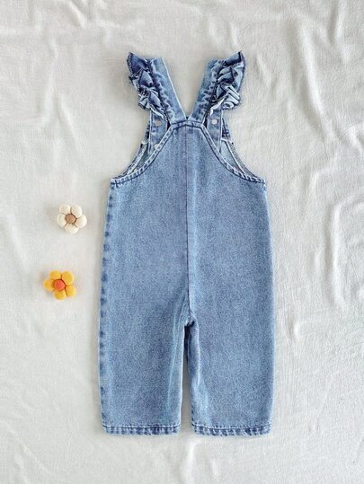SHEIN Vintaside Kids 1pc Baby Girl Blue Denim Casual Cute Embroidered Floral Overalls, Suitable For Outings And Summer Vacation Autumn Fall