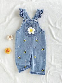 SHEIN Vintaside Kids 1件女嬰藍色牛仔休閒可愛刺繡花卉吊帶褲，適合外出、夏季度假與秋季穿著 - 藍色 - 查看 5