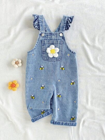 SHEIN Vintaside Kids 1pc Baby Girl Blue Denim Casual Cute Embroidered Floral Overalls, Suitable For Outings And Summer Vacation Autumn Fall