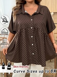 SHEIN CURVE+ 大尺碼女款波點印花短袖單排扣休閒1960年代風長版襯衫，適合早午餐、晚餐與夏季穿著 - 彩色 - 查看 1