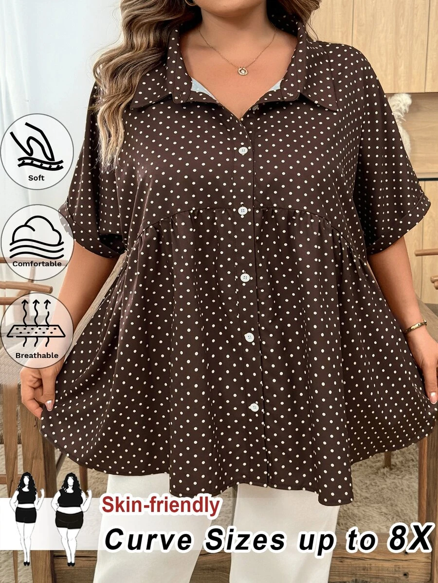 SHEIN CURVE+ 大尺碼女款波點印花短袖單排扣休閒1960年代風長版襯衫,適合早午餐、晚餐與夏季穿著 - 彩色 - 查看 1