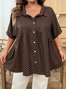 SHEIN CURVE+ 大尺碼女款波點印花短袖單排扣休閒1960年代風長版襯衫，適合早午餐、晚餐與夏季穿著 - 彩色 - 查看 8