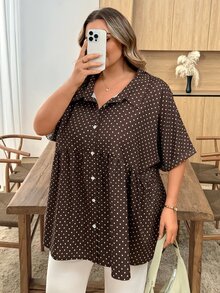 SHEIN CURVE+ 大尺碼女款波點印花短袖單排扣休閒1960年代風長版襯衫，適合早午餐、晚餐與夏季穿著 - 彩色 - 查看 7