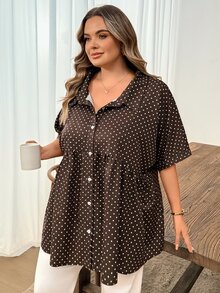 SHEIN CURVE+ 大尺碼女款波點印花短袖單排扣休閒1960年代風長版襯衫，適合早午餐、晚餐與夏季穿著 - 彩色 - 查看 5